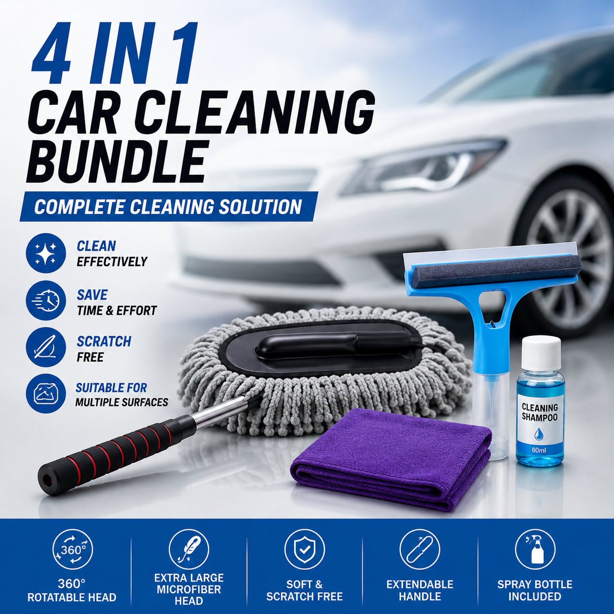 4-in-1 Car Cleaning Bundle | Car Duster, Window Cleaner, 60ml Car Shampoo & Microfiber Cloth