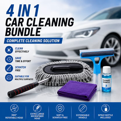 4-in-1 Car Cleaning Bundle | Car Duster, Window Cleaner, 60ml Car Shampoo & Microfiber Cloth