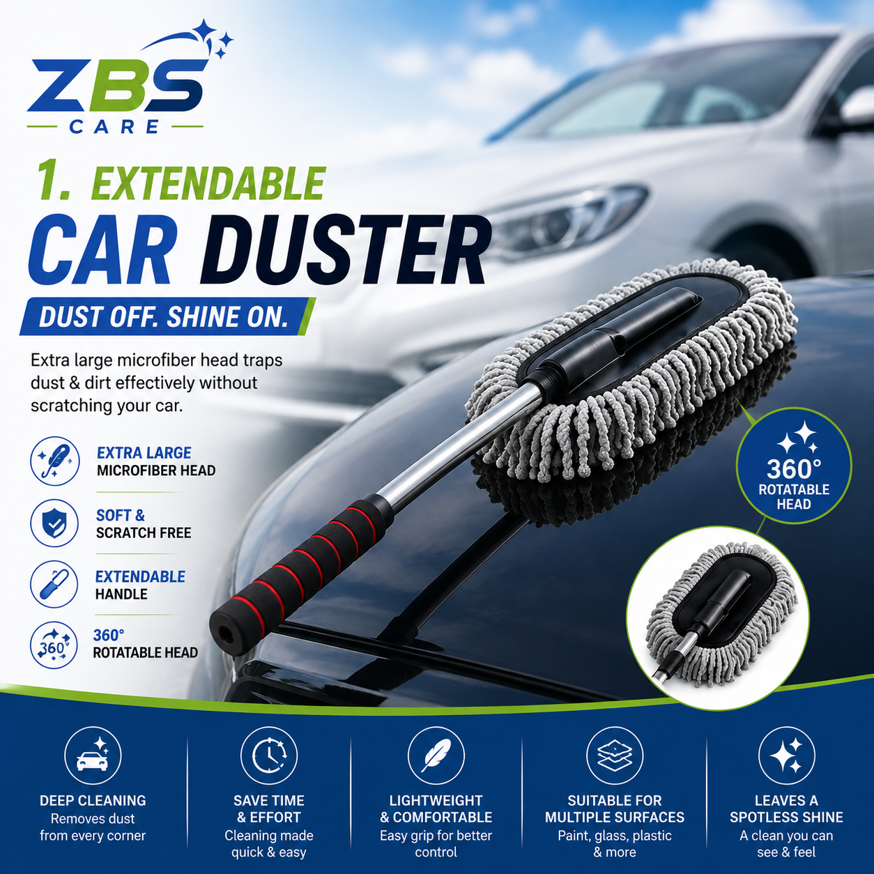 4-in-1 Car Cleaning Bundle | Car Duster, Window Cleaner, 60ml Car Shampoo & Microfiber Cloth