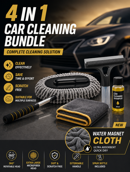 4-in-1 Car Cleaning Bundle | Car Duster, Window Cleaner, 60ml Car Shampoo & Water Magnet Cloth