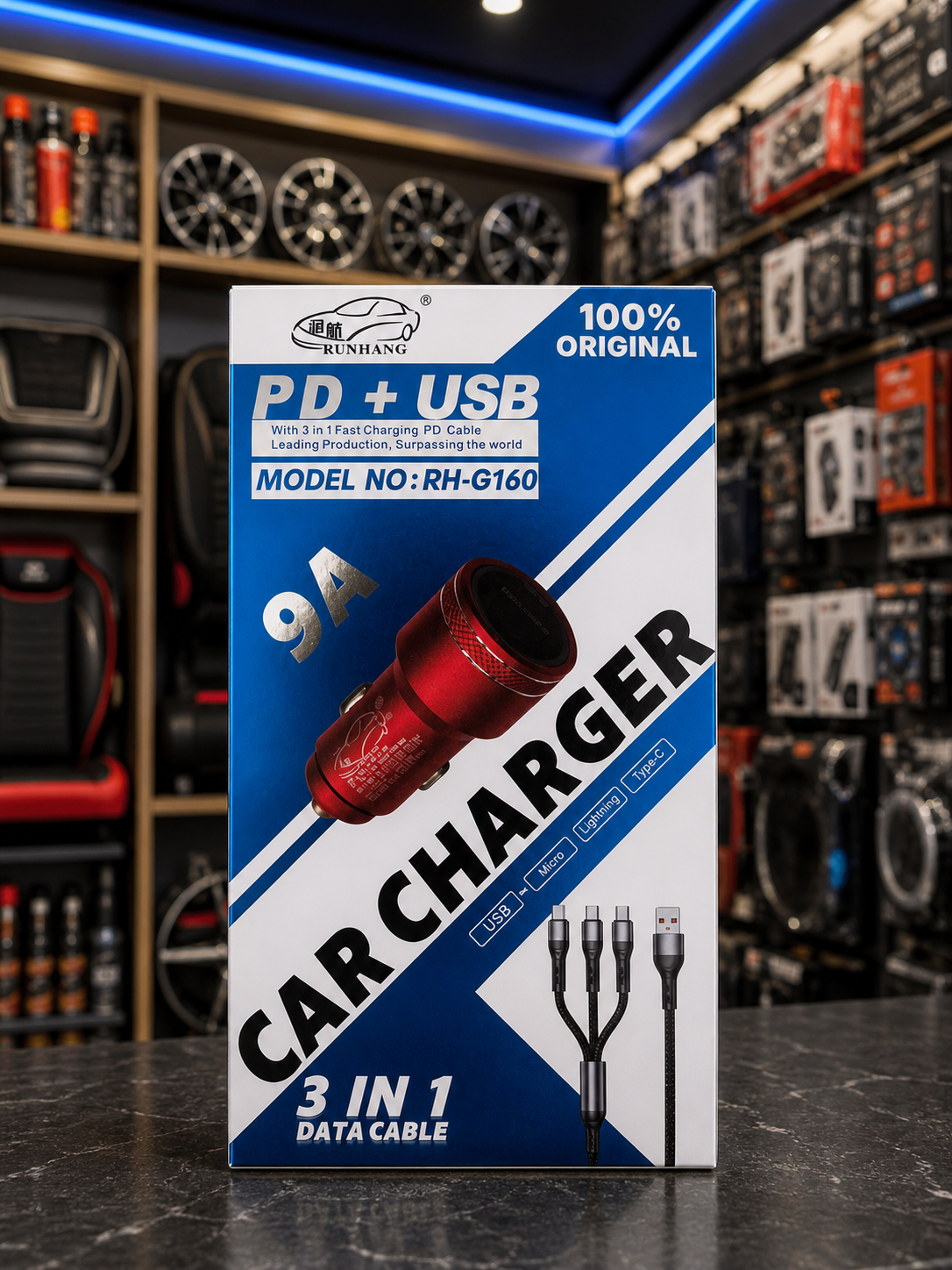 3 in 1 Car Charger 9A Fast Charging with USB + PD & Multi-Connector Cable