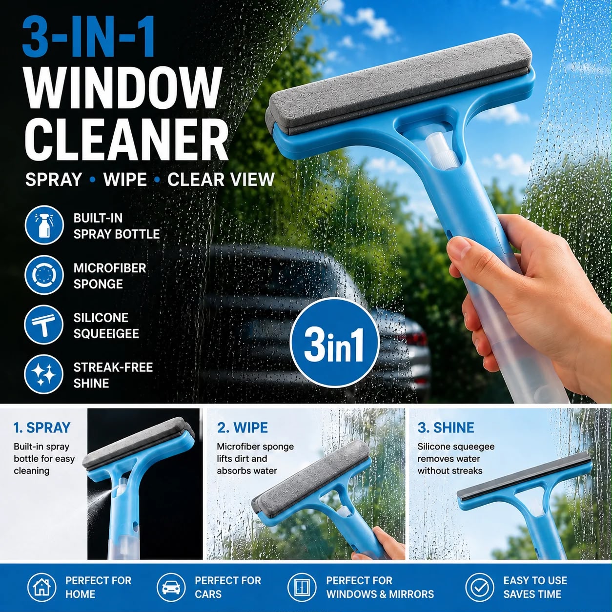 3-in-1 Window Cleaning Wiper with Spray Bottle
