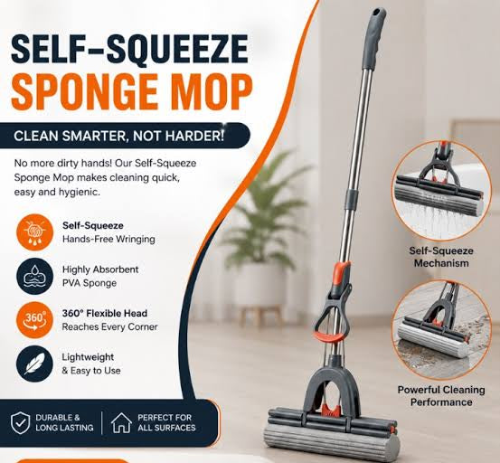 360° PVA Sponge Floor Mop with Self-Wringing Design